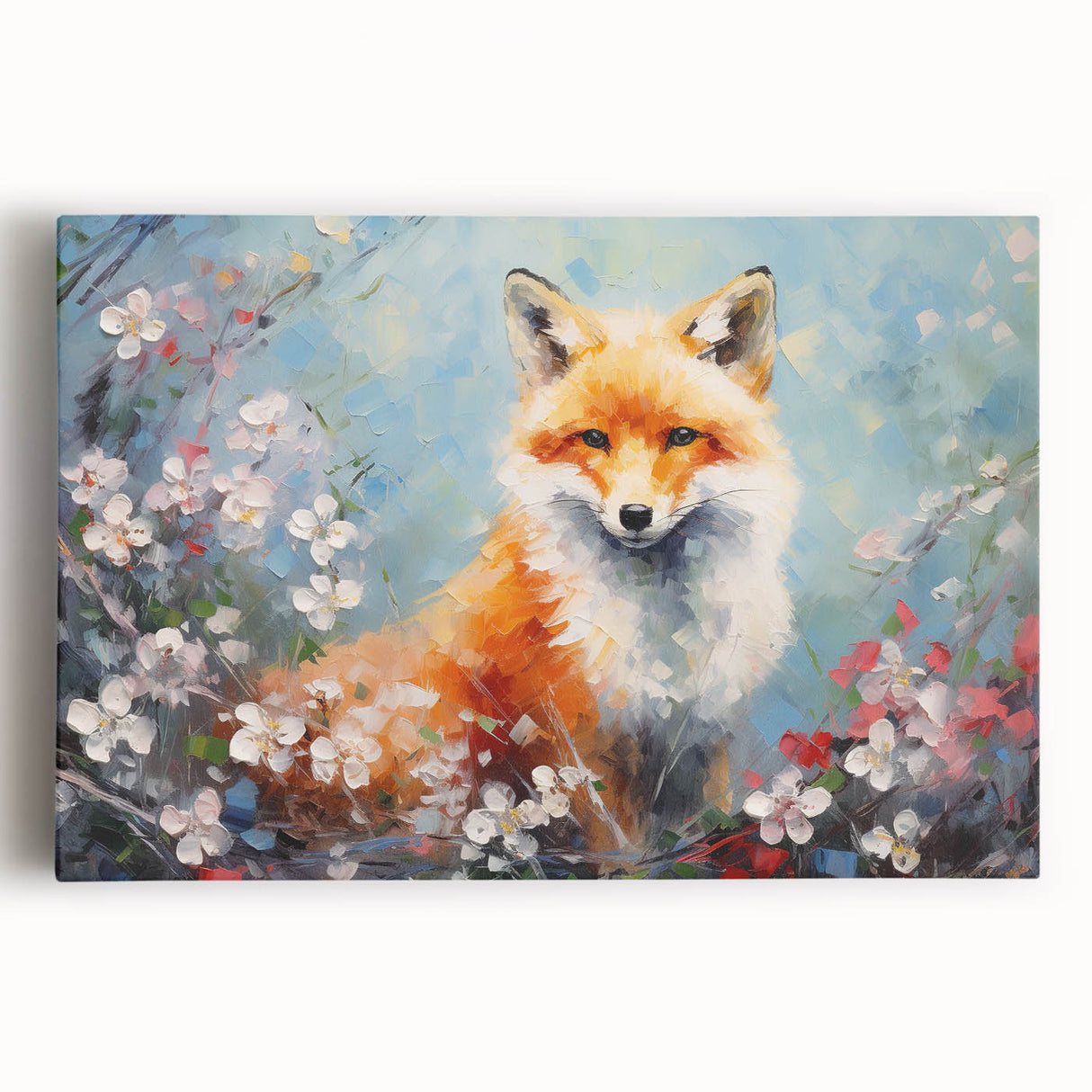 Vibrant stretched canvas wall art showcasing a majestic fox design, featuring rich colors and intricate details, perfect for animal lovers and modern decor.
