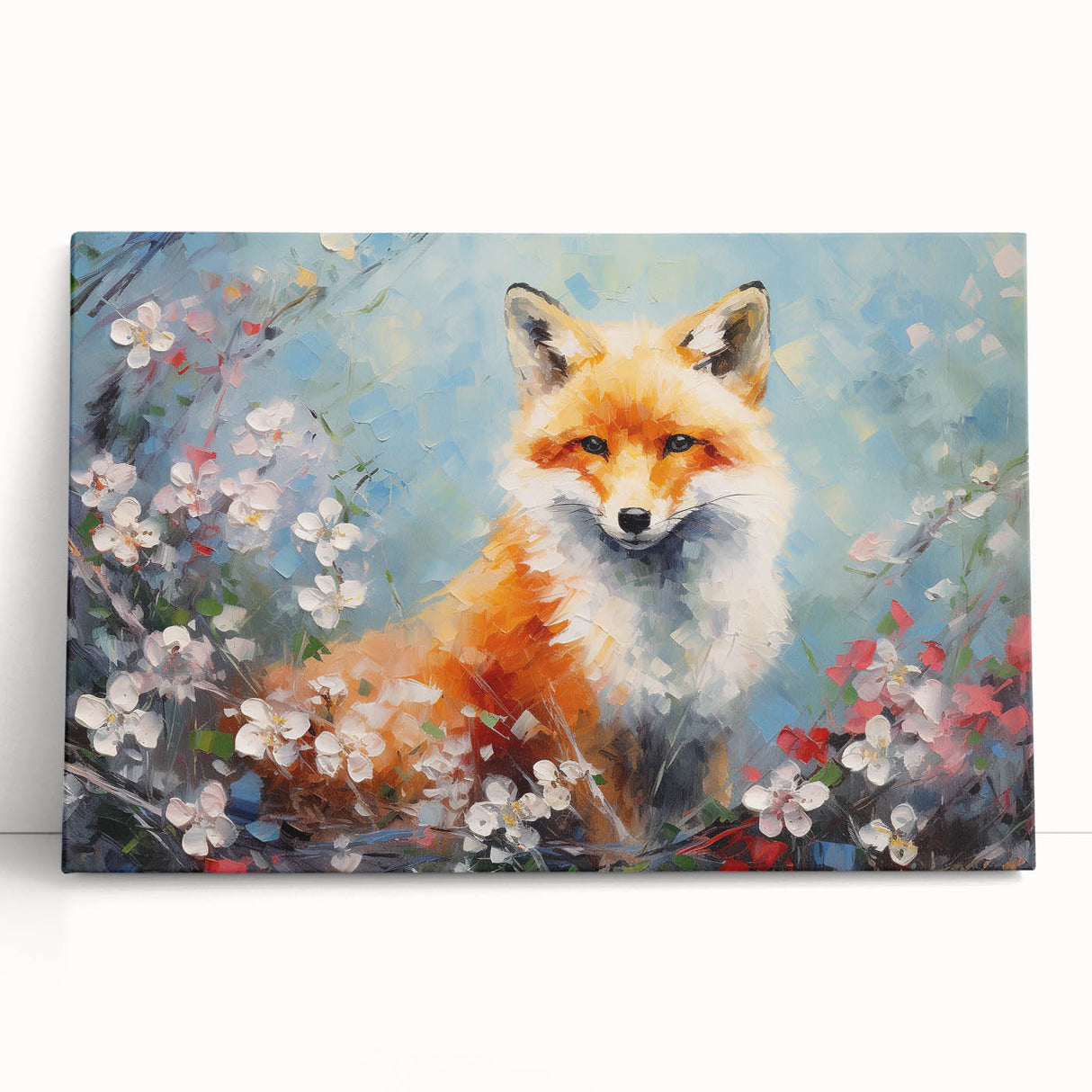 Vibrant stretched canvas wall art featuring a whimsical fox design against a colorful abstract background, perfect for animal lovers and home decor enthusiasts.