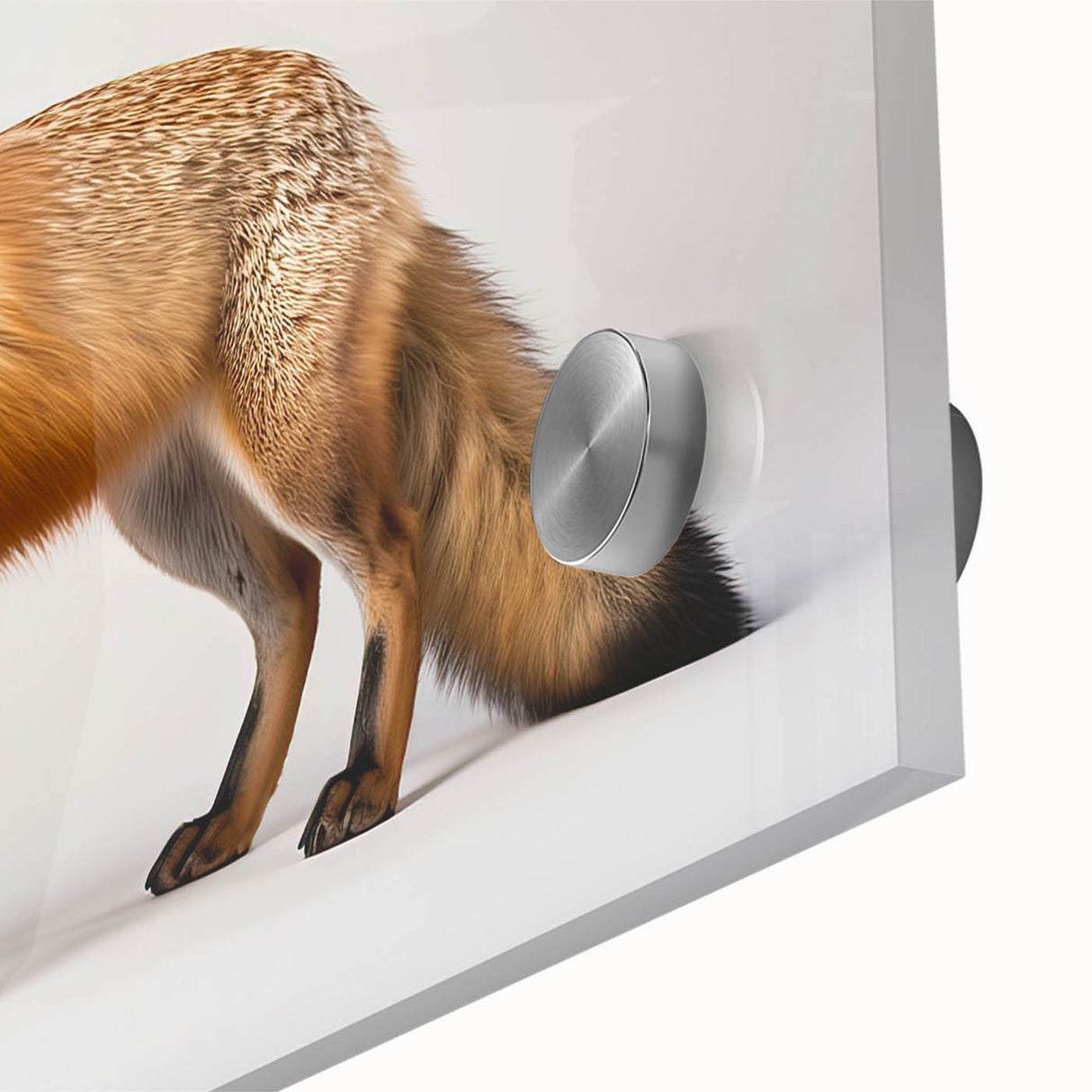 Close-up of vibrant acrylic glass wall art showcasing a detailed fox design, perfect for animal lovers and nature enthusiasts, adding a whimsical touch to any decor.