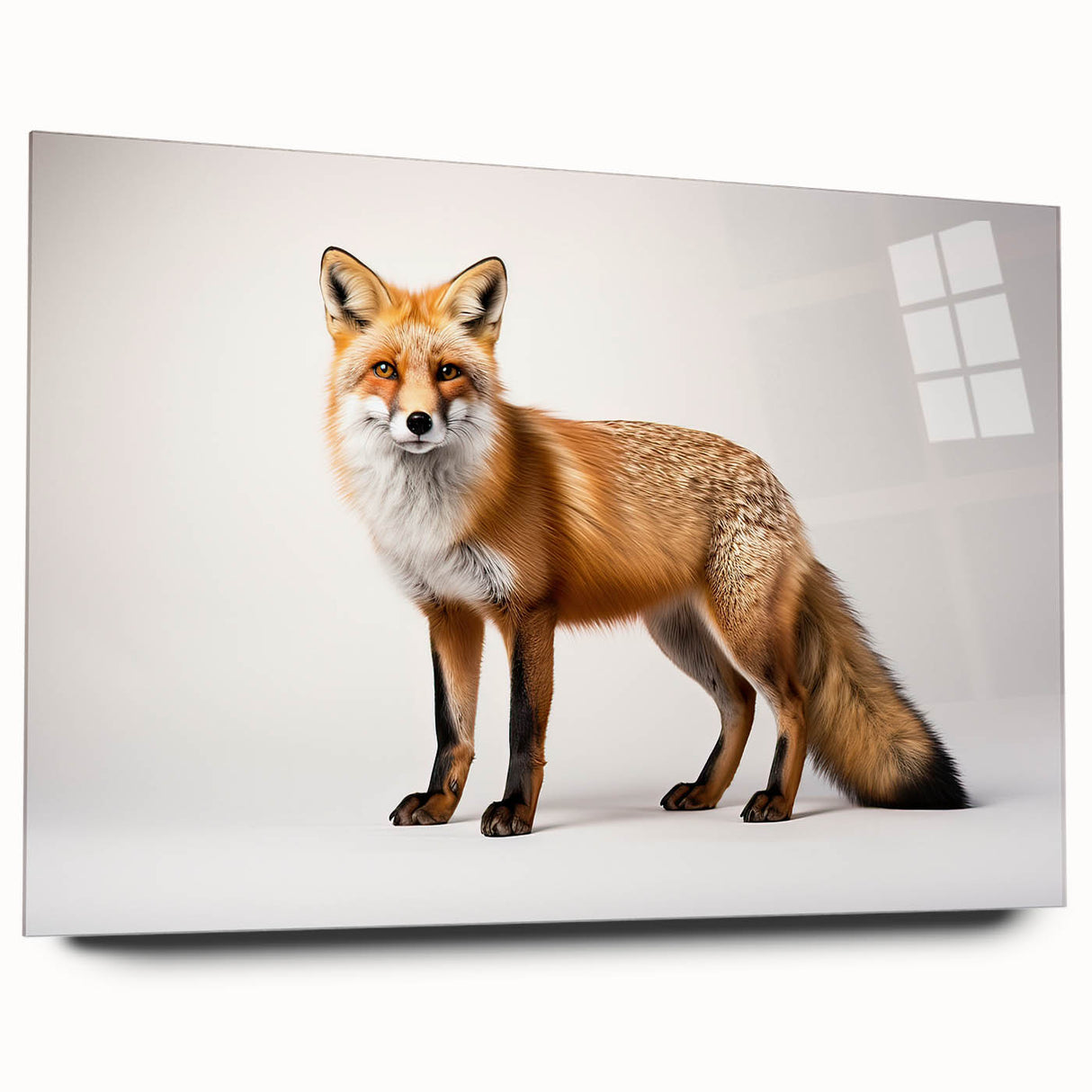 Side view of a vibrant acrylic glass wall art piece showcasing a stylized fox design, perfect for animal lovers and modern home decor enthusiasts.