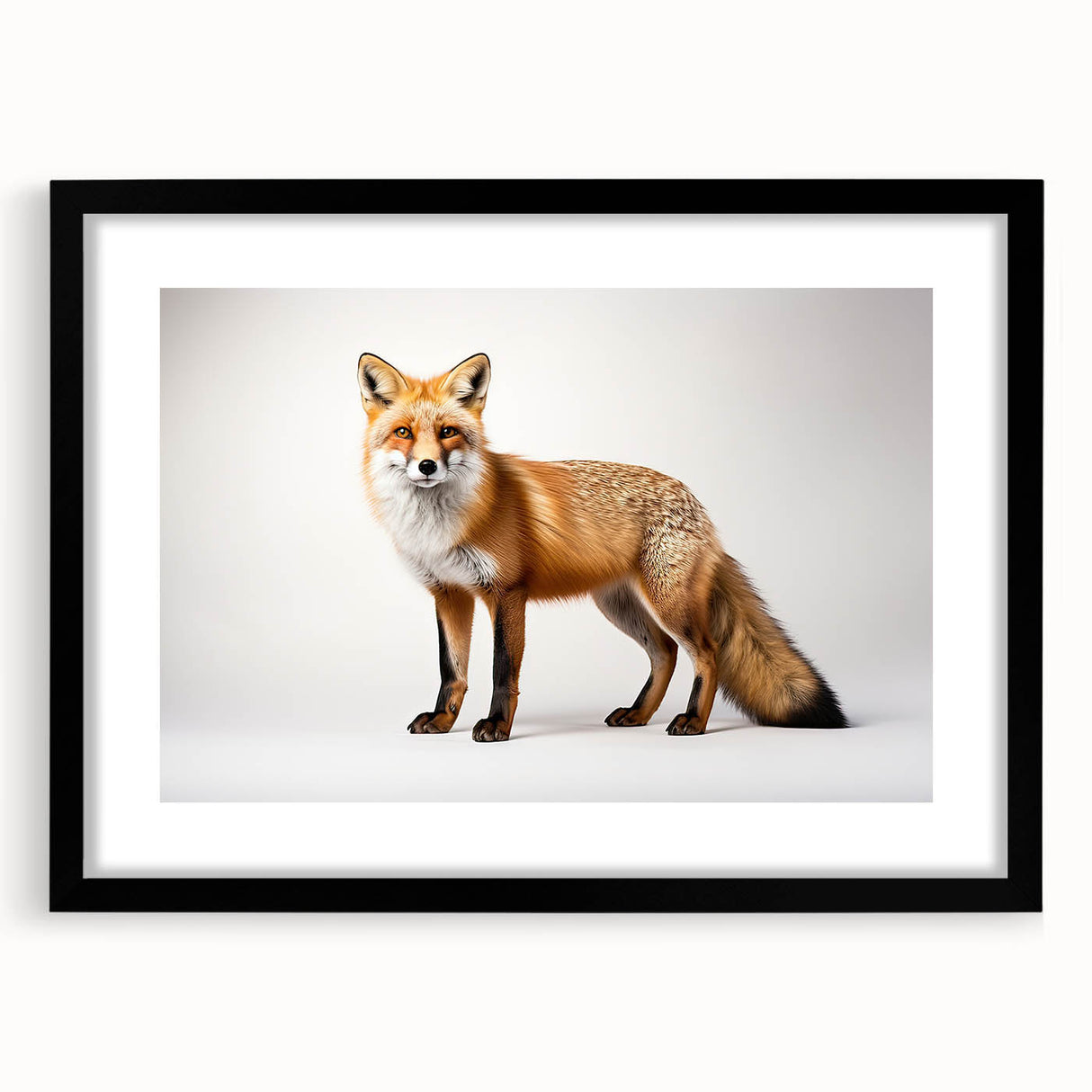 Framed black wall art featuring a striking fox design with a white mat, ideal for wildlife enthusiasts and modern decor. Perfect for adding a touch of nature to any room.