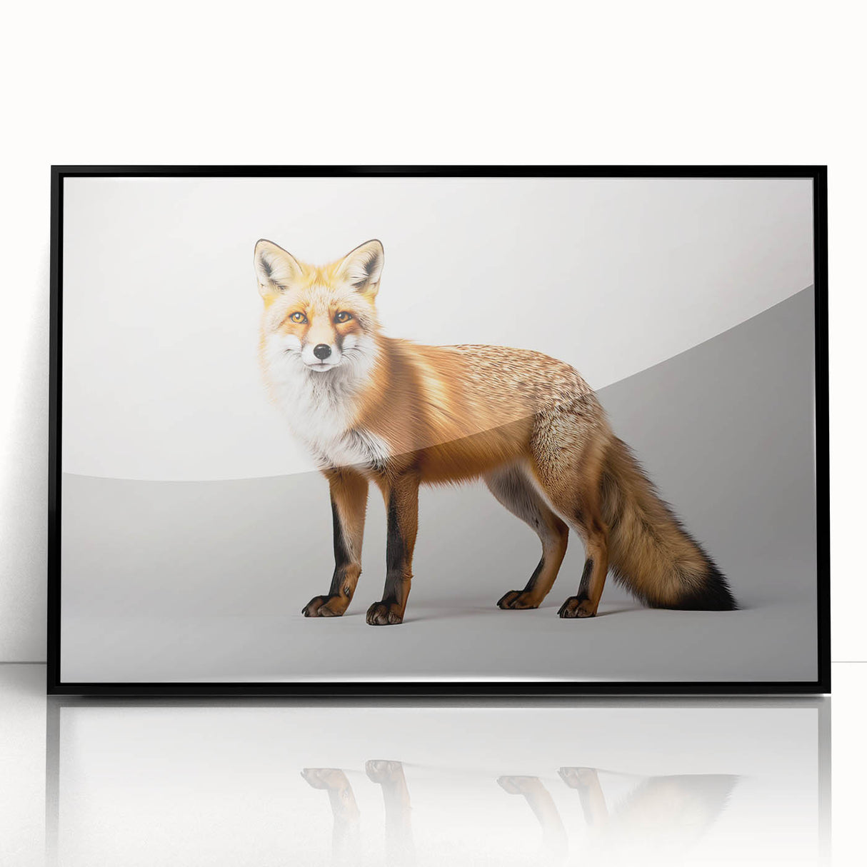 Framed wall art collection featuring a striking black acrylic design of a fox, showcasing intricate details and vibrant colors, perfect for wildlife enthusiasts.