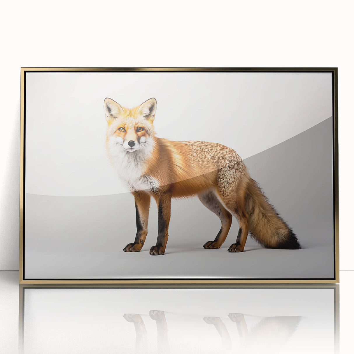 Framed wall art featuring a striking gold-accented fox design with a modern acrylic finish, perfect for animal lovers and contemporary decor enthusiasts.