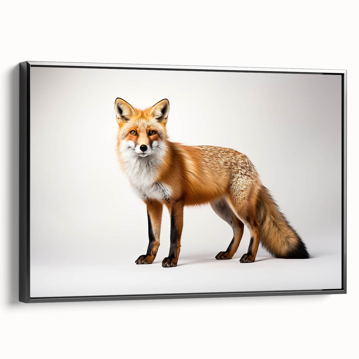 Framed wall art featuring a sleek black fox design in a modern style, set against a minimalist backdrop, perfect for wildlife enthusiasts and contemporary decor.