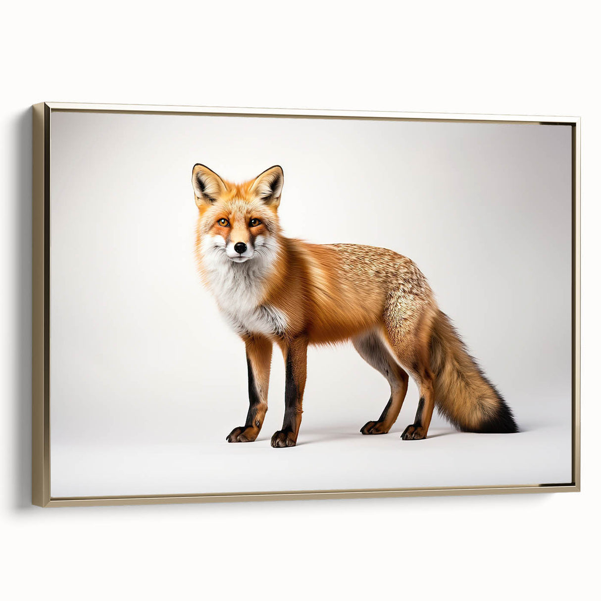Framed canvas wall art showcasing a stylish fox design in a gold frame, perfect for modern home decor. The artwork adds a touch of elegance to any space.
