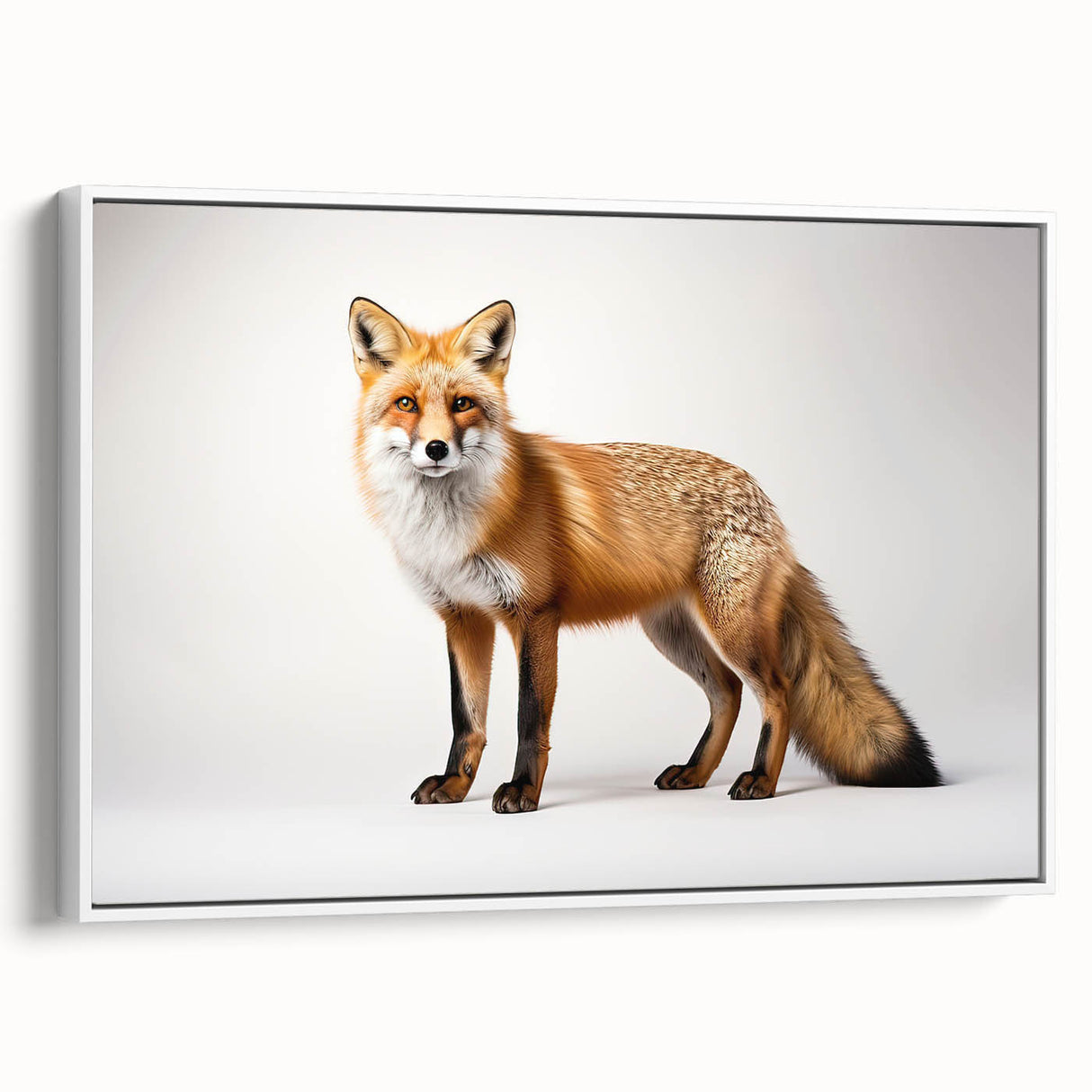 Framed canvas wall art depicting a striking fox design, showcasing vibrant orange and white colors, perfect for adding a touch of wildlife elegance to any room.