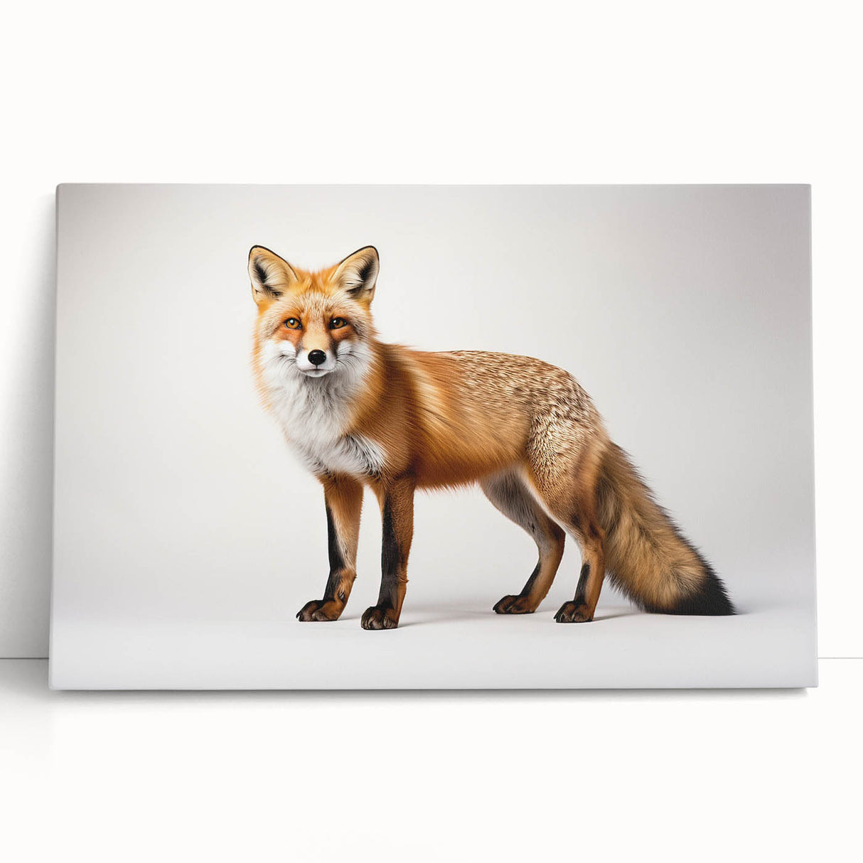 Vibrant fox wall art design on stretched canvas, showcasing intricate details and warm colors, perfect for adding a touch of nature to any room decor.