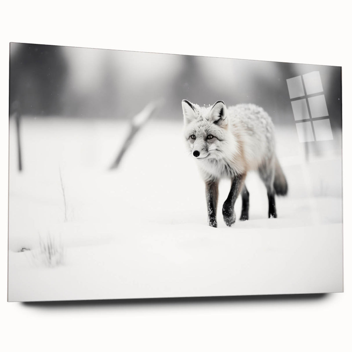 Side view of a fox-themed wall art piece displayed in a sleek acrylic frame, showcasing vibrant colors and intricate details, perfect for animal lovers and home decor enthusiasts.