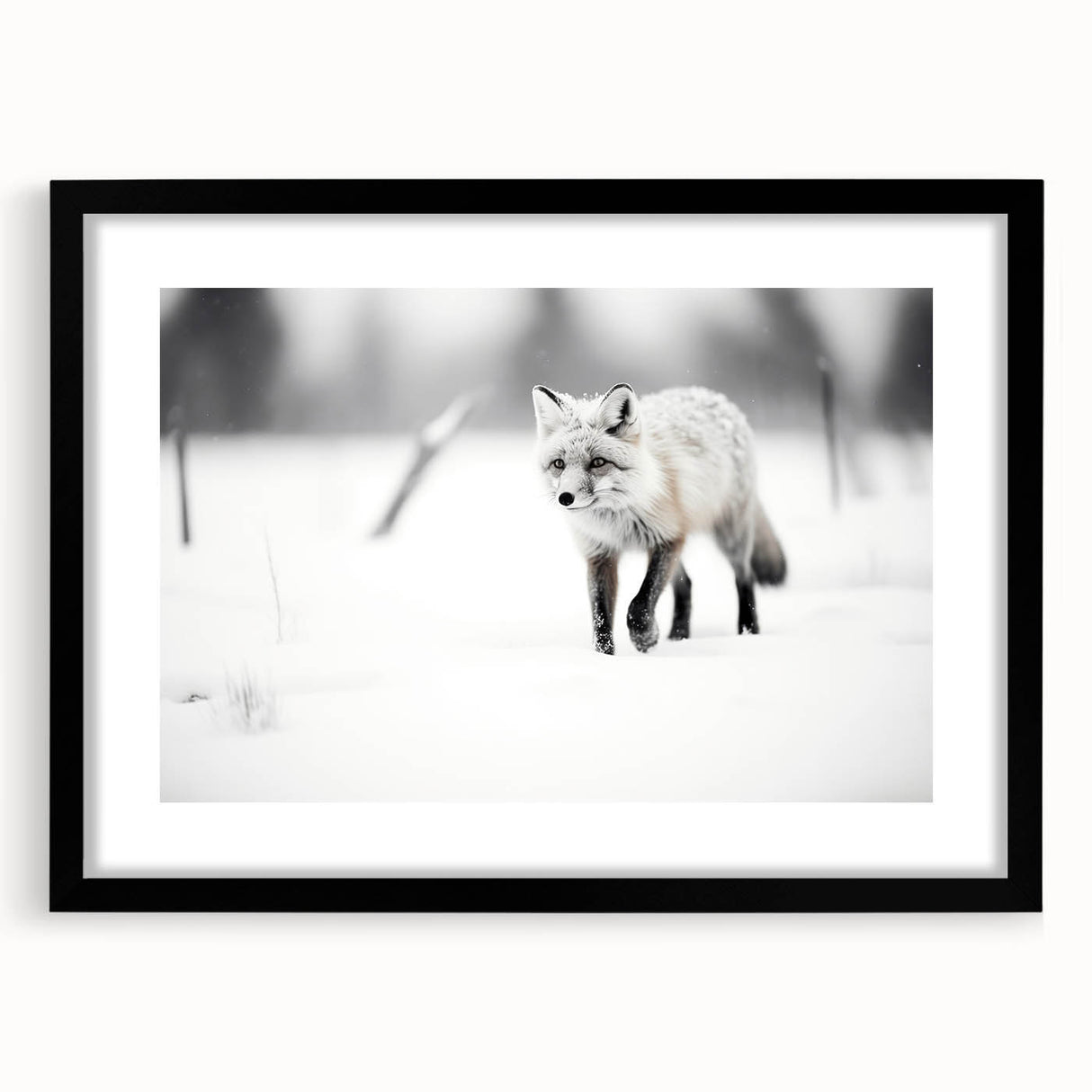 Framed wall art featuring a stunning fox design in a sleek black frame, showcasing vibrant colors and intricate details, perfect for wildlife enthusiasts and home decor.