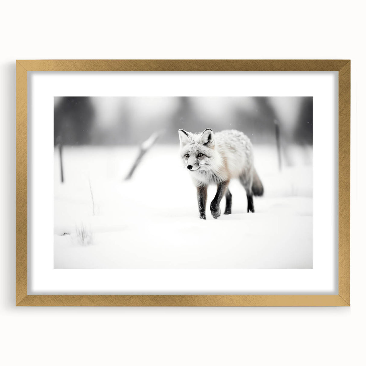 Artistic wall art featuring a vibrant fox design set in a gold frame with a mat, perfect for adding a touch of nature-inspired elegance to home decor. The piece showcases intricate details and rich colors, ideal for animal lovers and art enthusiasts.