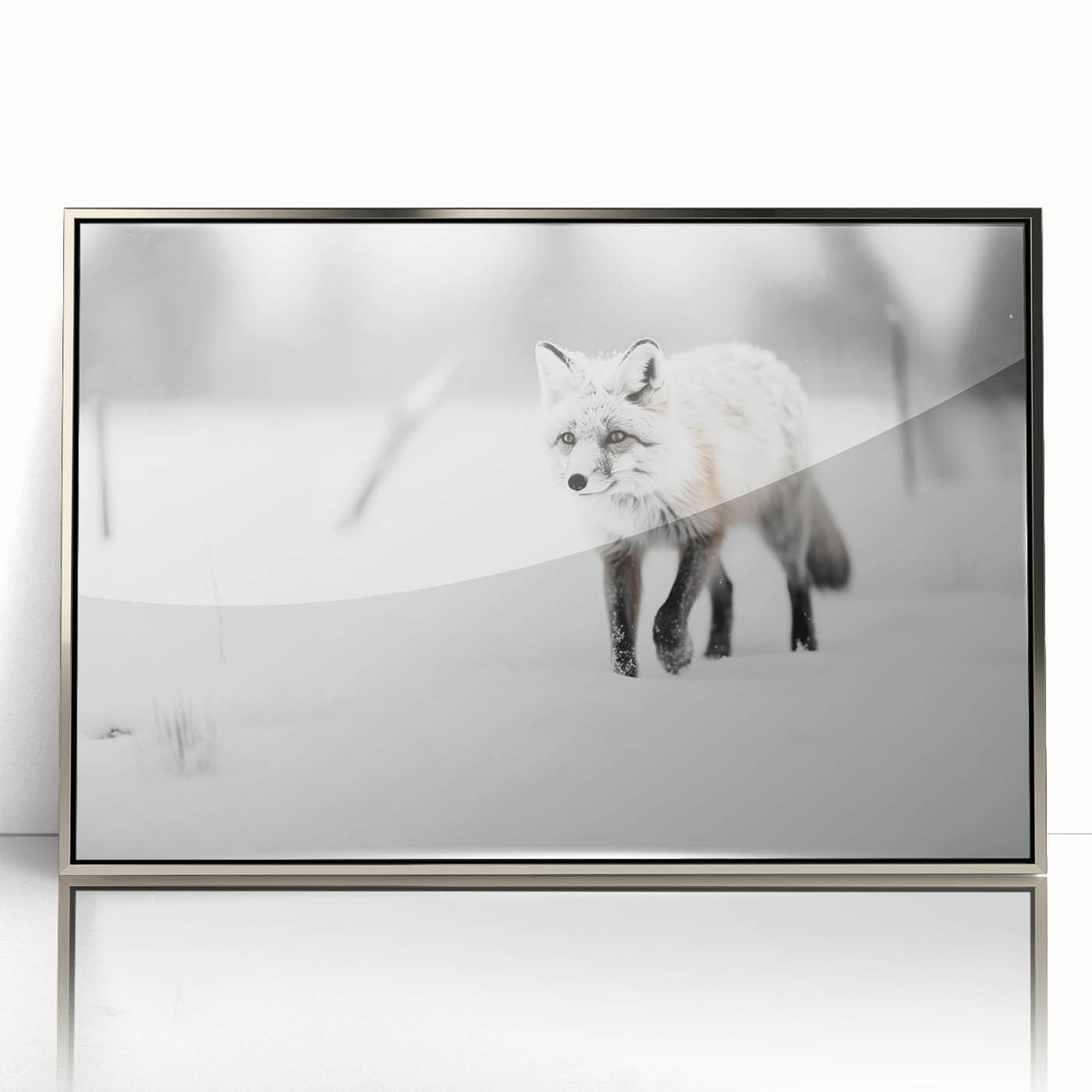 Framed acrylic wall art featuring a striking fox design with a silver frame, ideal for modern home decor, showcasing vibrant colors and intricate details.