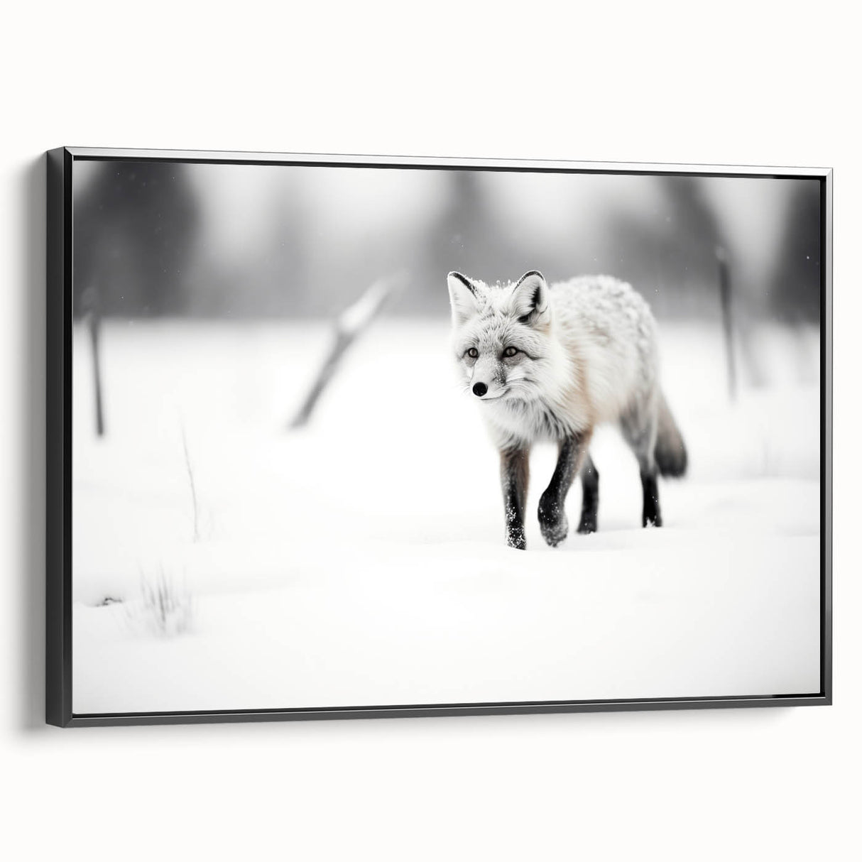 Framed wall art featuring a striking black and white fox design in a contemporary style, ideal for modern home decor and animal lovers, displayed in a stylish setting.
