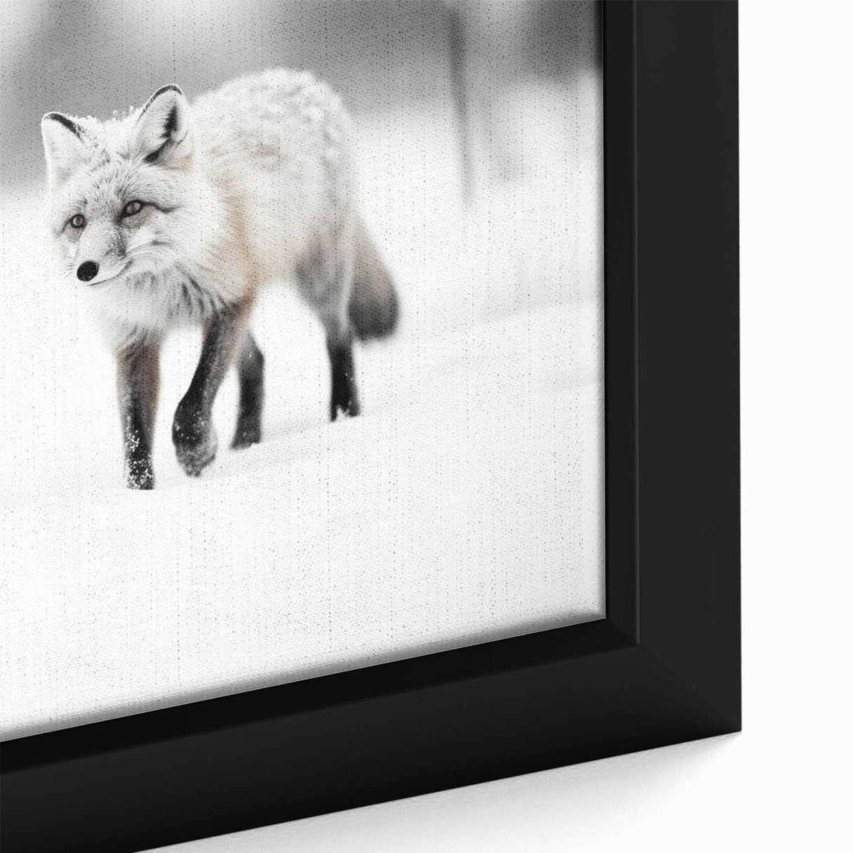 Close-up of a framed canvas wall art featuring a vibrant, realistic fox design surrounded by lush greenery, ideal for wildlife lovers and home decor enthusiasts. This artwork adds a touch of nature to any space.