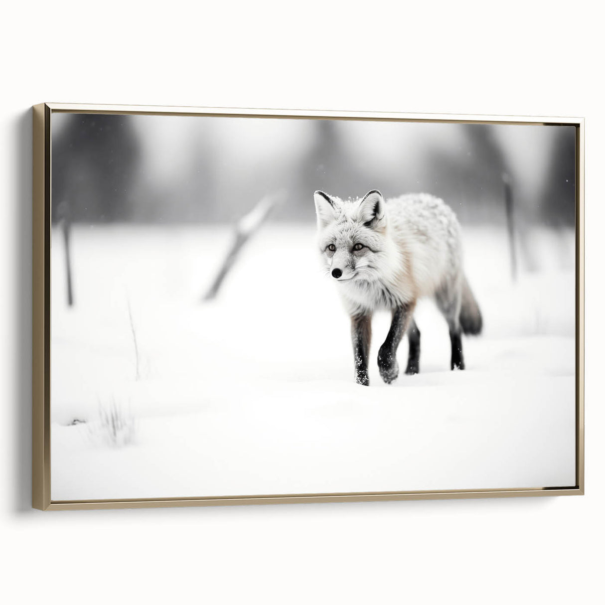 Framed wall art featuring a side view of a vibrant fox design, showcasing intricate details and a gold frame, perfect for wildlife enthusiasts and modern decor.
