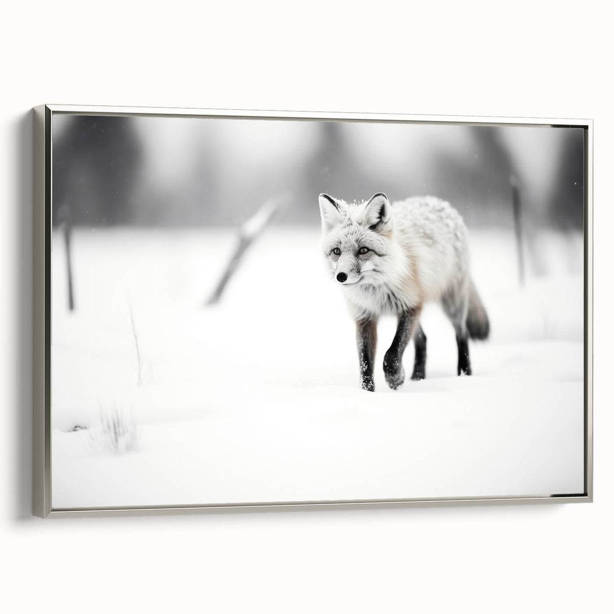 Framed canvas wall art featuring a stunning silver fox design, showcasing intricate details and vibrant colors, perfect for adding a touch of wildlife elegance to any room. Ideal for animal lovers and home decor enthusiasts.