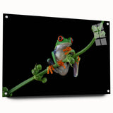 Vibrant acrylic wall art featuring a detailed frog design, showcasing rich greens and blues. The piece is elegantly displayed from the side with decorative pins, ideal for wildlife enthusiasts and modern decor.