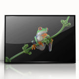 Framed acrylic wall art featuring a vibrant frog design in black, showcasing intricate details and colors, ideal for wildlife enthusiasts and modern decor.