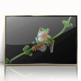 Framed wall art featuring a vibrant frog design with gold accents, showcasing a colorful depiction of wildlife in an artistic acrylic finish, perfect for home decor.