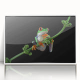 Framed wall art featuring a vibrant frog design from the Animals A Wild Life collection, displayed in a sleek white frame, ideal for nature-themed decor.