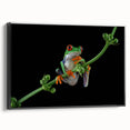 Framed wall art featuring a vibrant frog design from the Animals A Wild Life collection, set against a black background, showcasing intricate details and lively colors.