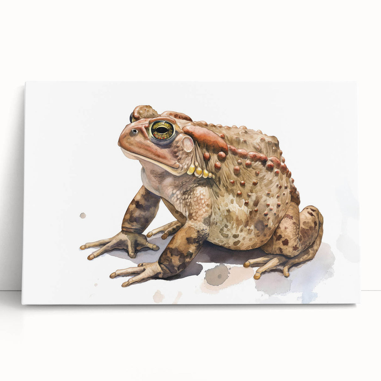 Vibrant stretched canvas wall art featuring a whimsical frog design, ideal for animal lovers and nature enthusiasts, showcasing rich colors and playful details.