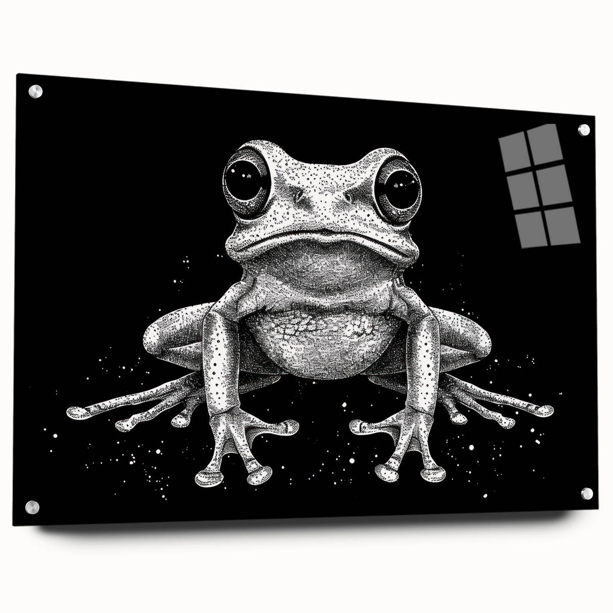 Acrylic glass wall art featuring a vibrant frog design from the 'Animals - A Wild Life' collection, displayed in a side view with decorative pins. Perfect for nature lovers and modern decor enthusiasts.