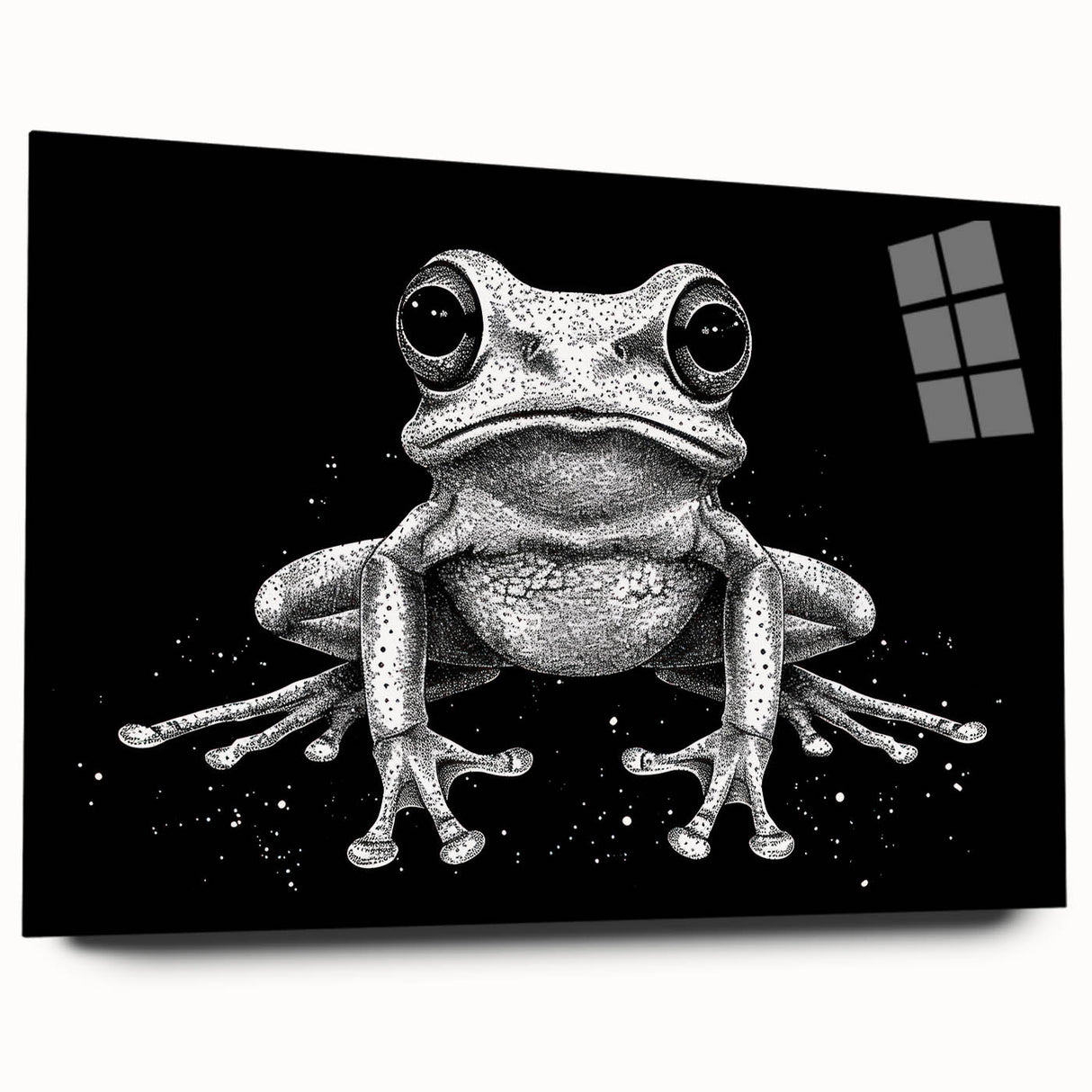 Colorful acrylic glass wall art featuring a whimsical frog design, showcasing vibrant greens and intricate details, ideal for animal lovers and home decor enthusiasts. This piece adds a playful touch to any space, blending nature-inspired aesthetics with modern design.