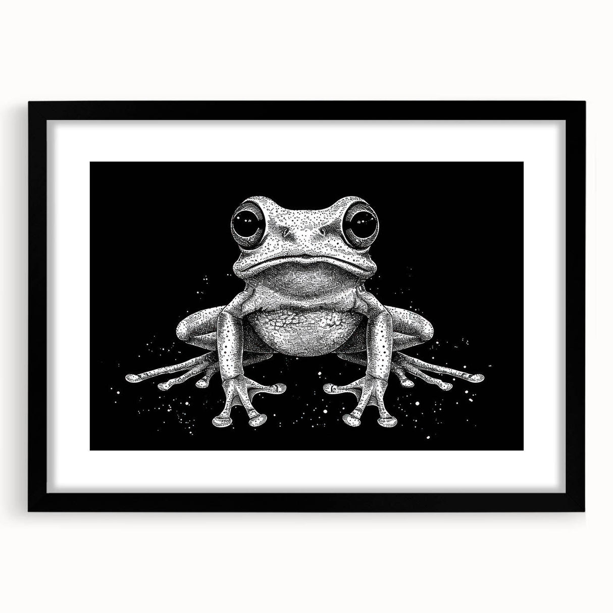 Frog-themed wall art framed in black, showcasing vibrant colors and intricate design details, perfect for adding a touch of nature-inspired decor to any room.
