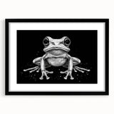 Frog-themed wall art framed in black, showcasing vibrant colors and intricate design details, perfect for adding a touch of nature-inspired decor to any room.