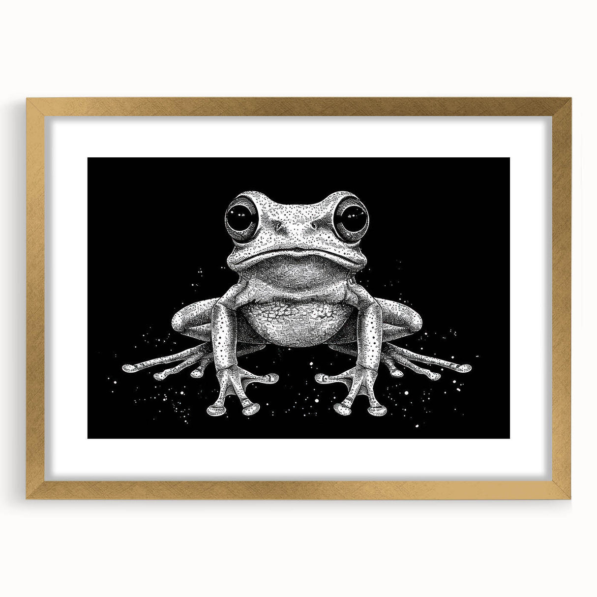 Gold-framed wall art featuring a whimsical frog design, showcasing vibrant colors and intricate details, perfect for adding a playful touch to home décor.