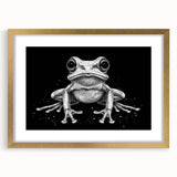 Gold-framed wall art featuring a whimsical frog design, showcasing vibrant colors and intricate details, perfect for adding a playful touch to home décor.