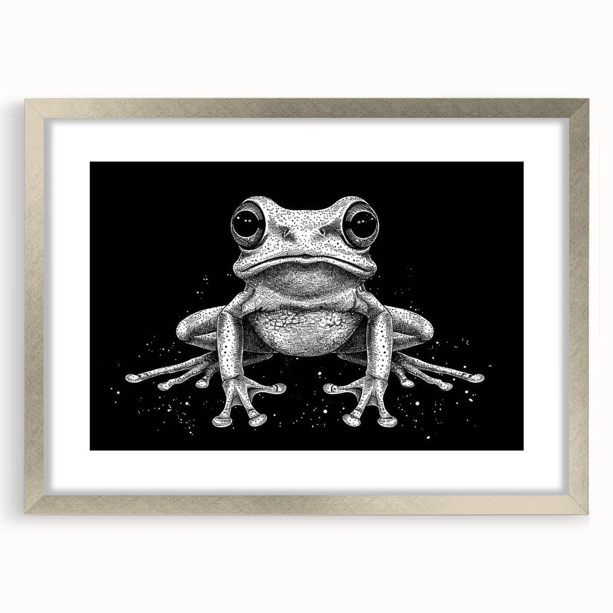 Framed wall art featuring a vibrant frog design from the "Animals A Wild Life" collection, showcasing intricate details and a sleek silver frame, perfect for nature-themed decor.
