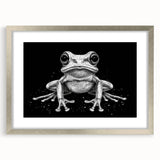 Framed wall art featuring a vibrant frog design from the "Animals A Wild Life" collection, showcasing intricate details and a sleek silver frame, perfect for nature-themed decor.