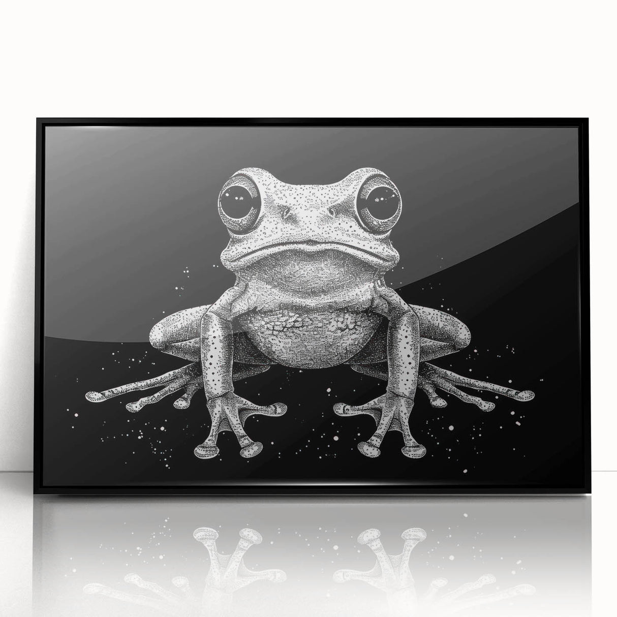 Framed wall art featuring a vibrant frog design with a black acrylic frame, showcasing a colorful wildlife theme perfect for nature enthusiasts and home decor.