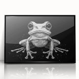 Framed wall art featuring a vibrant frog design with a black acrylic frame, showcasing a colorful wildlife theme perfect for nature enthusiasts and home decor.