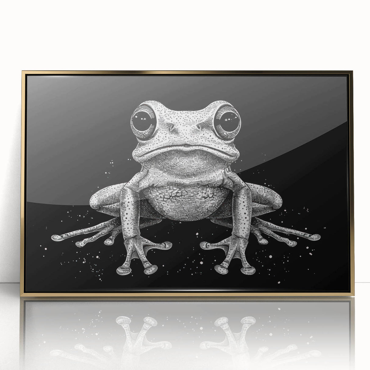 Framed wall art featuring a vibrant frog design in gold acrylic finish, showcasing intricate details and textures, perfect for nature-themed decor.