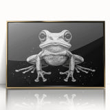 Framed wall art featuring a vibrant frog design in gold acrylic finish, showcasing intricate details and textures, perfect for nature-themed decor.