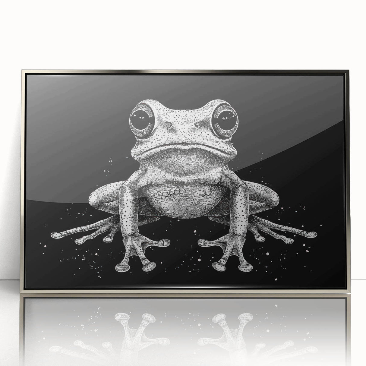 Framed wall art featuring a detailed illustration of a vibrant green frog set against a sleek silver background, ideal for modern home decor or wildlife enthusiasts.