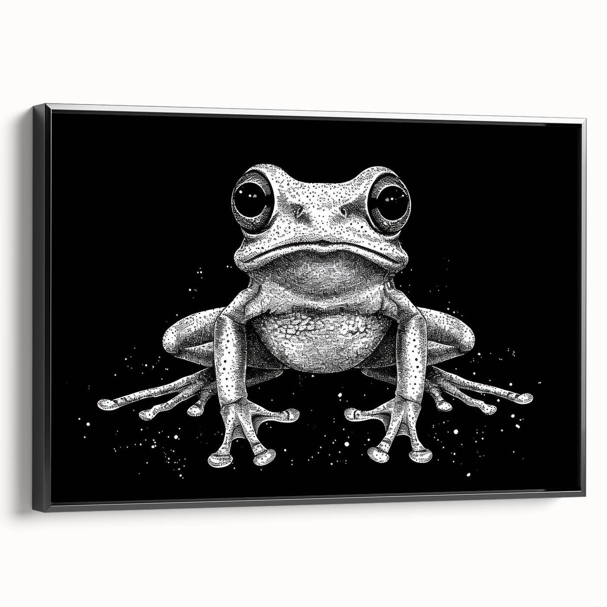 Framed wall art featuring a vibrant frog design from the 'Animals A Wild Life' collection, showcased in a sleek black frame against a neutral background. Ideal for nature lovers and home decor enthusiasts seeking unique wildlife art.