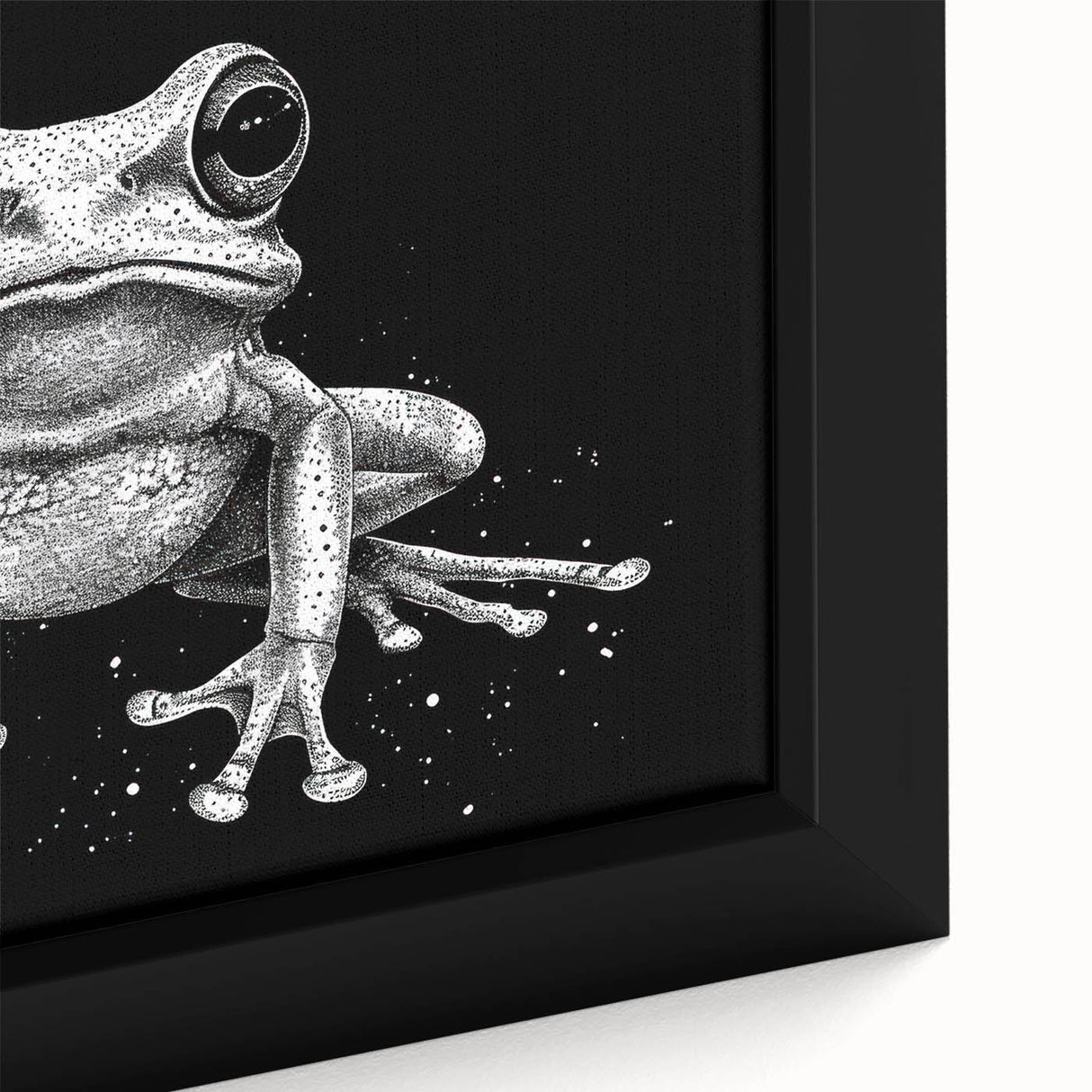 Close-up of a vibrant green frog design on framed canvas wall art, showcasing intricate details and textures, ideal for nature lovers and home decor enthusiasts.