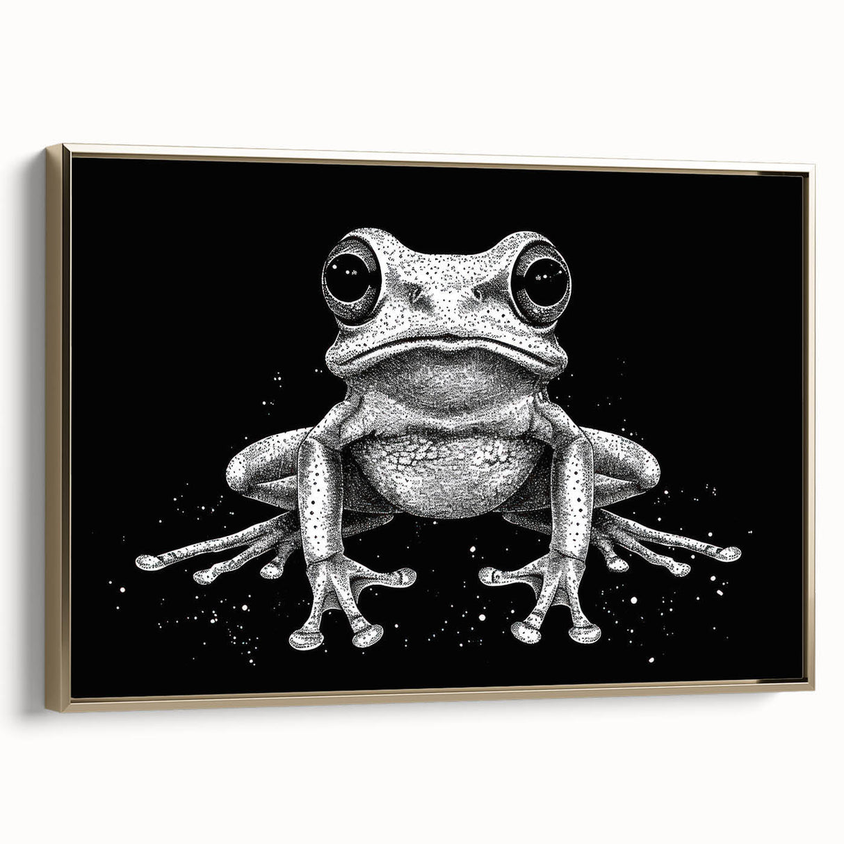 Framed canvas wall art featuring a vibrant frog design, showcasing intricate details and vivid colors, set against a gold background for an elegant touch. Ideal for wildlife enthusiasts and nature-inspired decor.