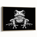 Framed canvas wall art featuring a vibrant frog design, showcasing intricate details and vivid colors, set against a gold background for an elegant touch. Ideal for wildlife enthusiasts and nature-inspired decor.
