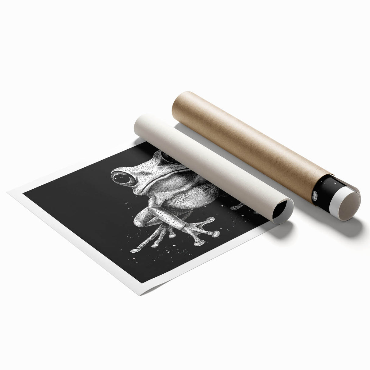 Vibrant frog-themed wall art print showcasing detailed illustrations of colorful amphibians, ideal for nature lovers and wildlife enthusiasts, rolled for easy display.