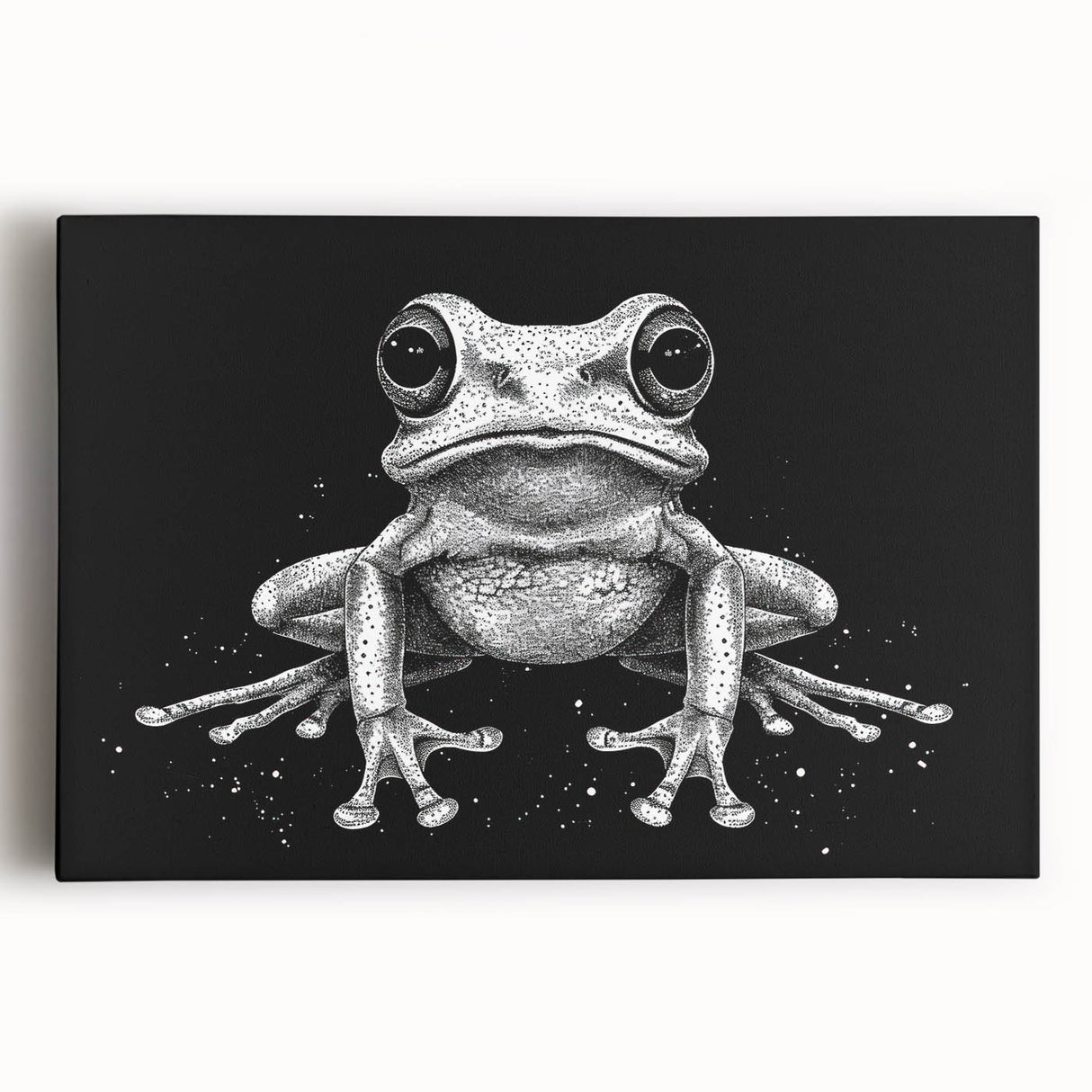 Vibrant stretched canvas wall art featuring a colorful frog design, perfect for nature lovers, showcasing intricate details and a lively green background.