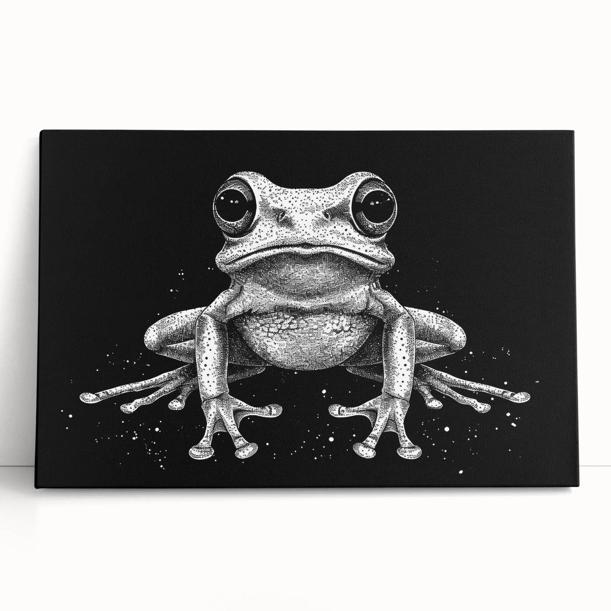 Vibrant stretched canvas wall art featuring a colorful frog design, showcasing intricate details and bright hues, perfect for adding a playful touch to home decor.