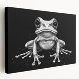 Vibrant wall art featuring a close-up of a green frog design on stretched canvas, showcasing intricate details and textures, perfect for nature lovers.