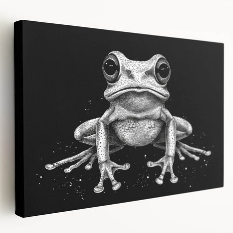Vibrant wall art featuring a close-up of a green frog design on stretched canvas, showcasing intricate details and textures, perfect for nature lovers.
