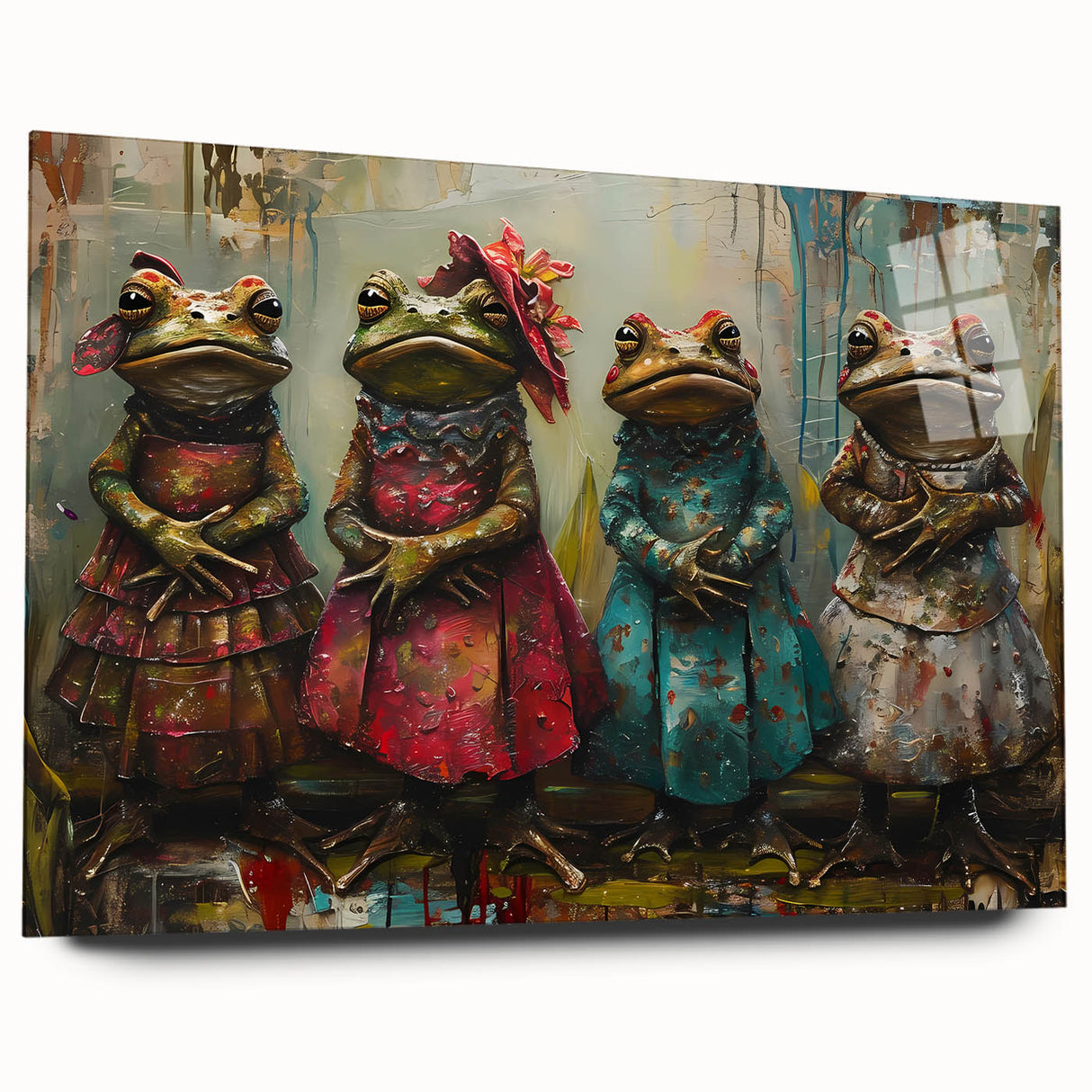 Acrylic glass wall art piece showcasing a vibrant frog design, highlighting intricate details and colors, ideal for animal-themed decor in modern interiors.
