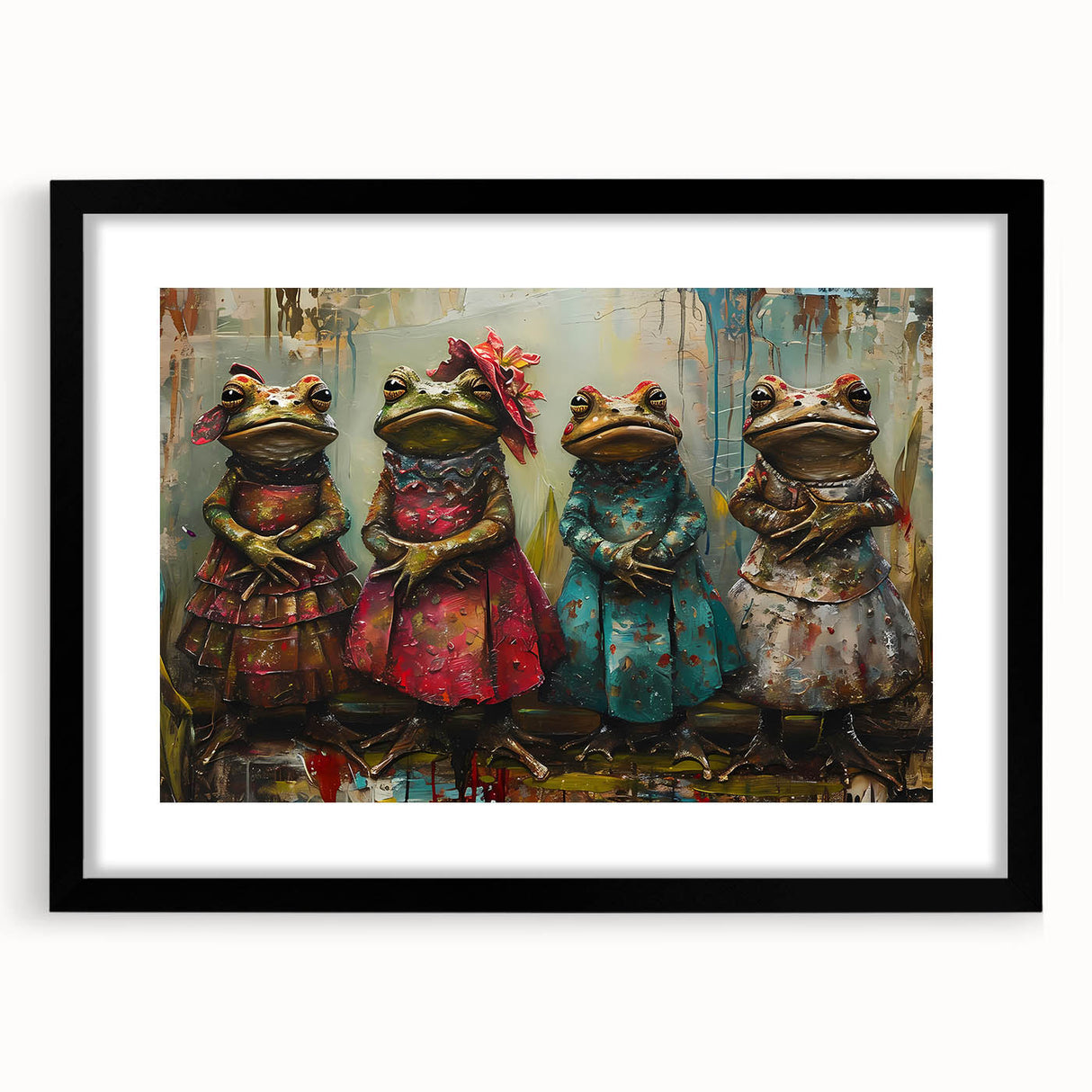 Black-framed wall art featuring a vibrant frog design from the "Animals A Wild Life" collection, elegantly matted and designed to enhance any modern decor.