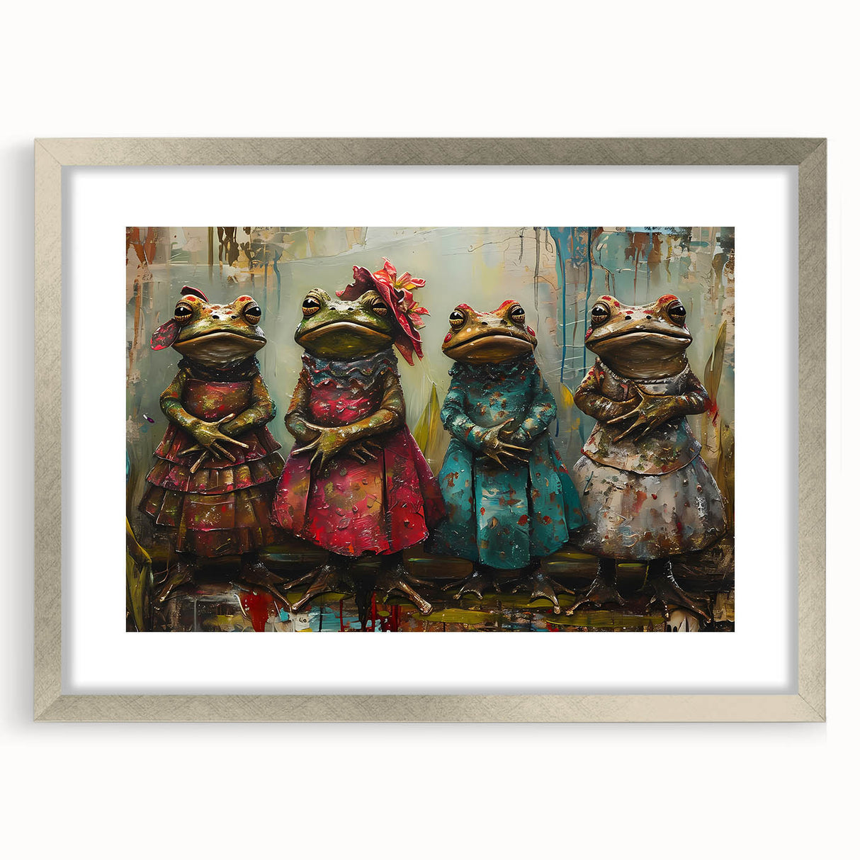 Framed wall art collection featuring a vibrant frog design, displayed in a sleek silver frame with a white mat, perfect for enhancing nature-themed decor.